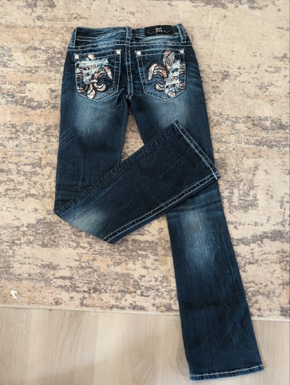 Miss Me Dark Wash Flare Jeans with Distressed Accents - Picture 5 of 7